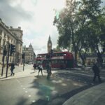 Retrofit on-road London bus city and tree scene